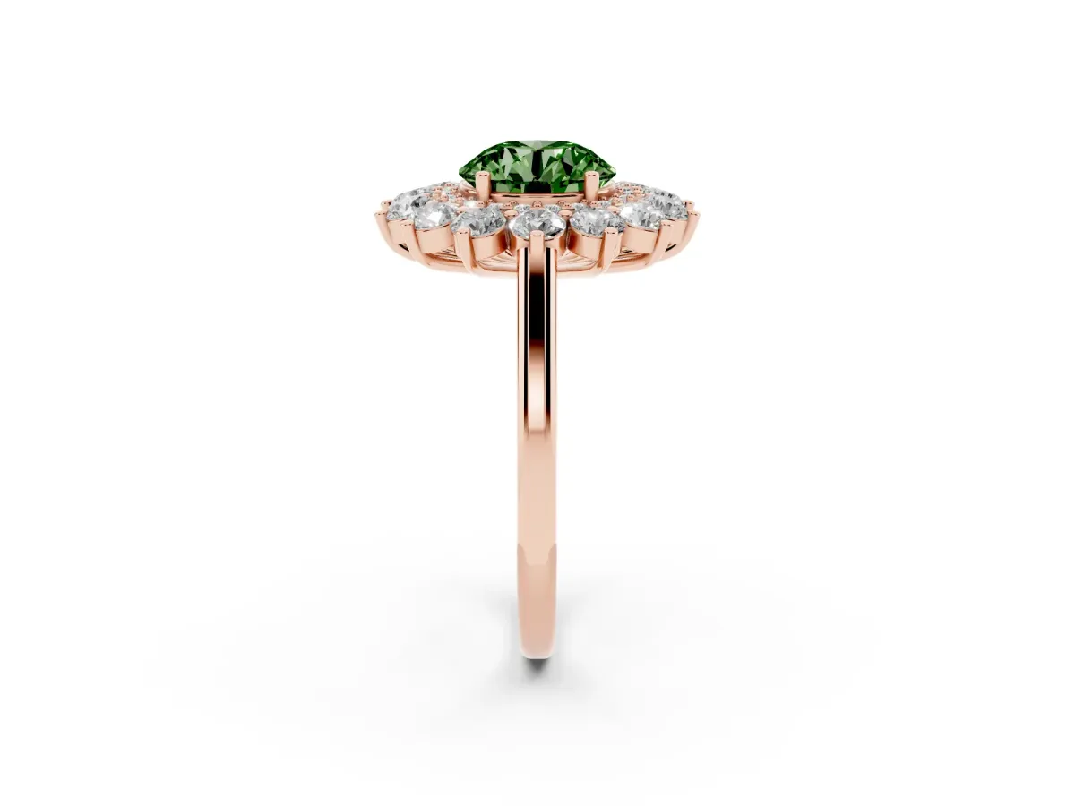 Fancy Green Round Cut Diamond Floral Double Halo Engagement Ring with Prong Setting Rose gold