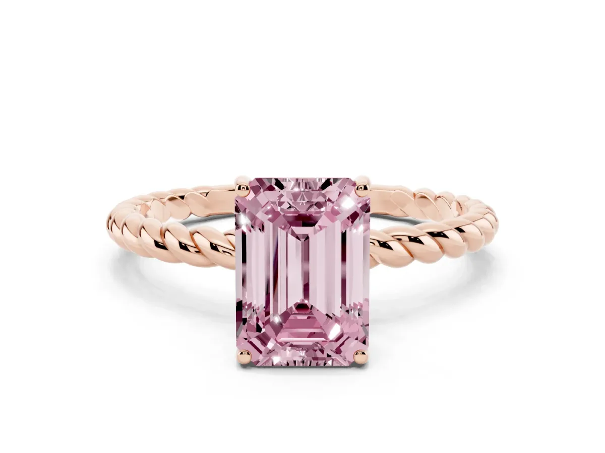 Fancy Pink Emerald Cut Solitaire Twisted Band 4-Prong Ring Rose gold