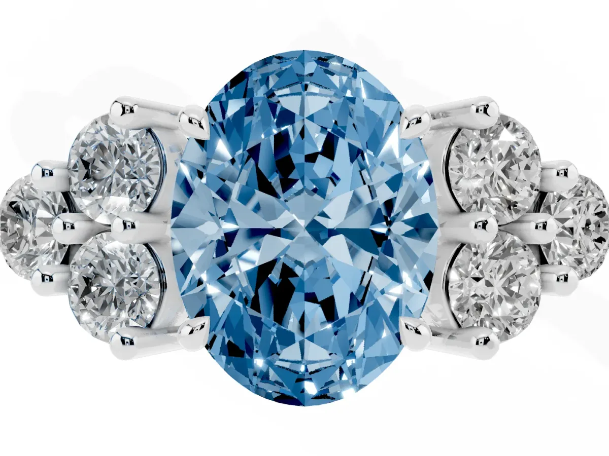 Fancy Blue Oval Cut Brilliant Diamond Cluster Accent Solitaire Ring with Prong Setting White gold