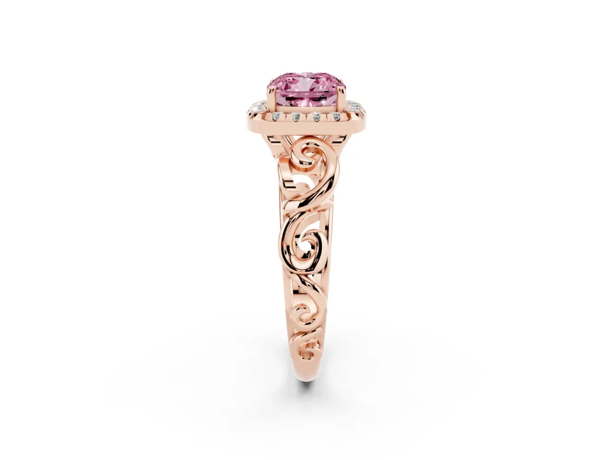 Fancy Pink Cushion Cut Cut Halo Diamond Ring with Scrollwork Band and Four-Prong Setting Rose gold