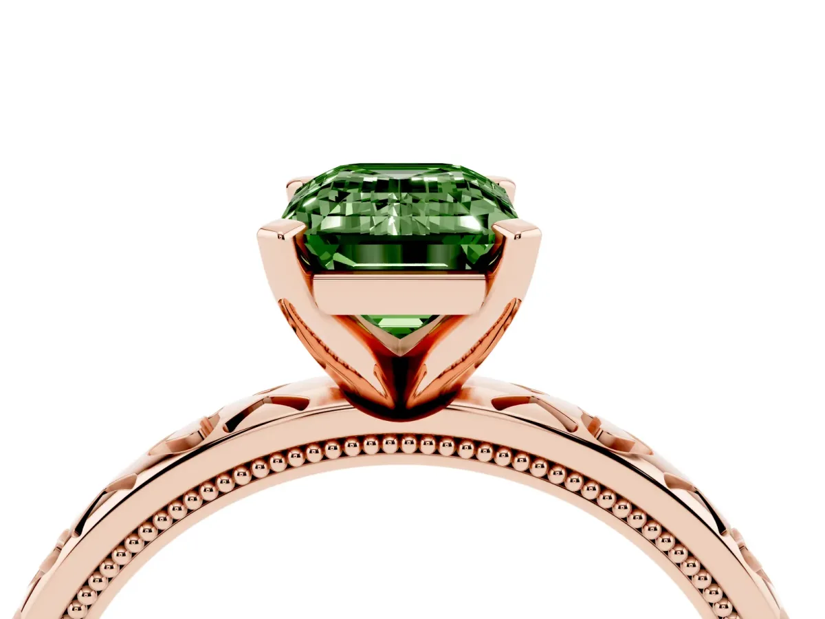 Fancy Green Emerald Cut Solitaire Diamond Engagement Ring with XO Engraved Band and Four-Prong Setting Rose gold