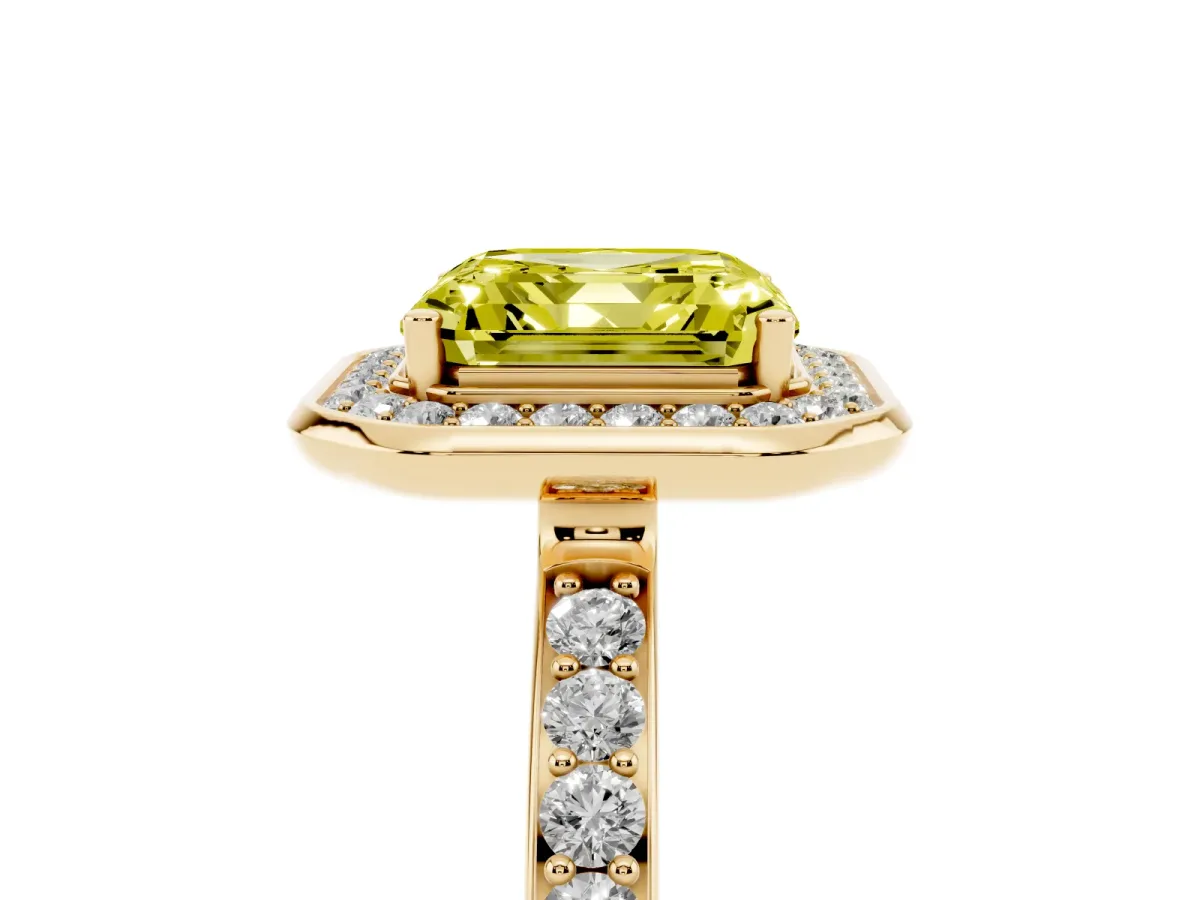 Fancy Yellow Asscher Cut Diamond Halo Ring with Bezel Frame and Pavé Band Yellow gold