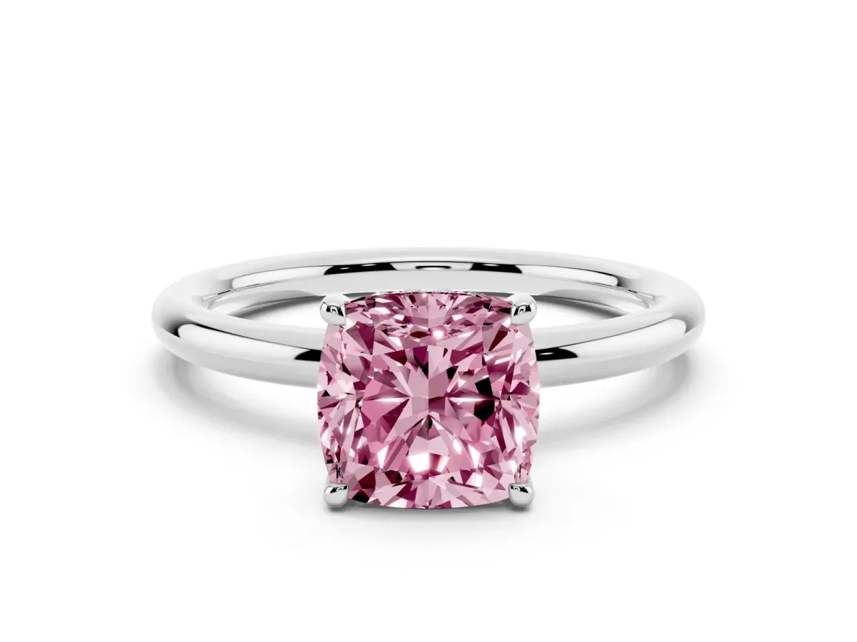 Fancy Pink Cushion Cut Diamond Solitaire Ring with Thin Band and Four-Prong Setting Platinum
