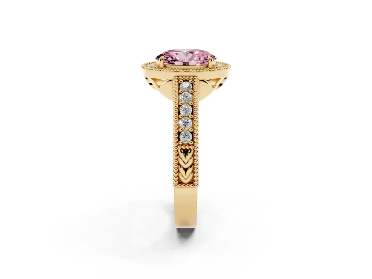 Fancy Pink Oval Cut Cut Halo Diamond Ring with Pavé Band and Four-Prong Setting Yellow gold