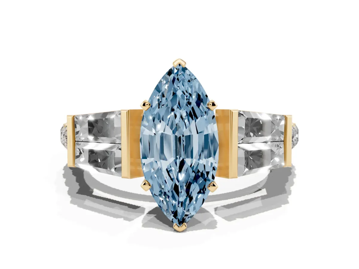Fancy Blue Marquise Cut Diamond Engagement Ring with Baguette Side Stones and Channel Set Band Yellow gold
