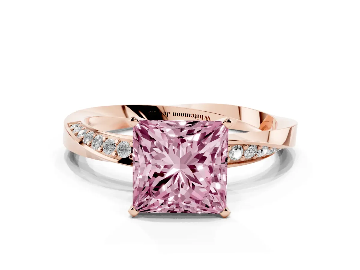 Fancy Pink Princess Cut Diamond Engagement Ring with Side Stone Accents and Four-Prong Setting Rose gold