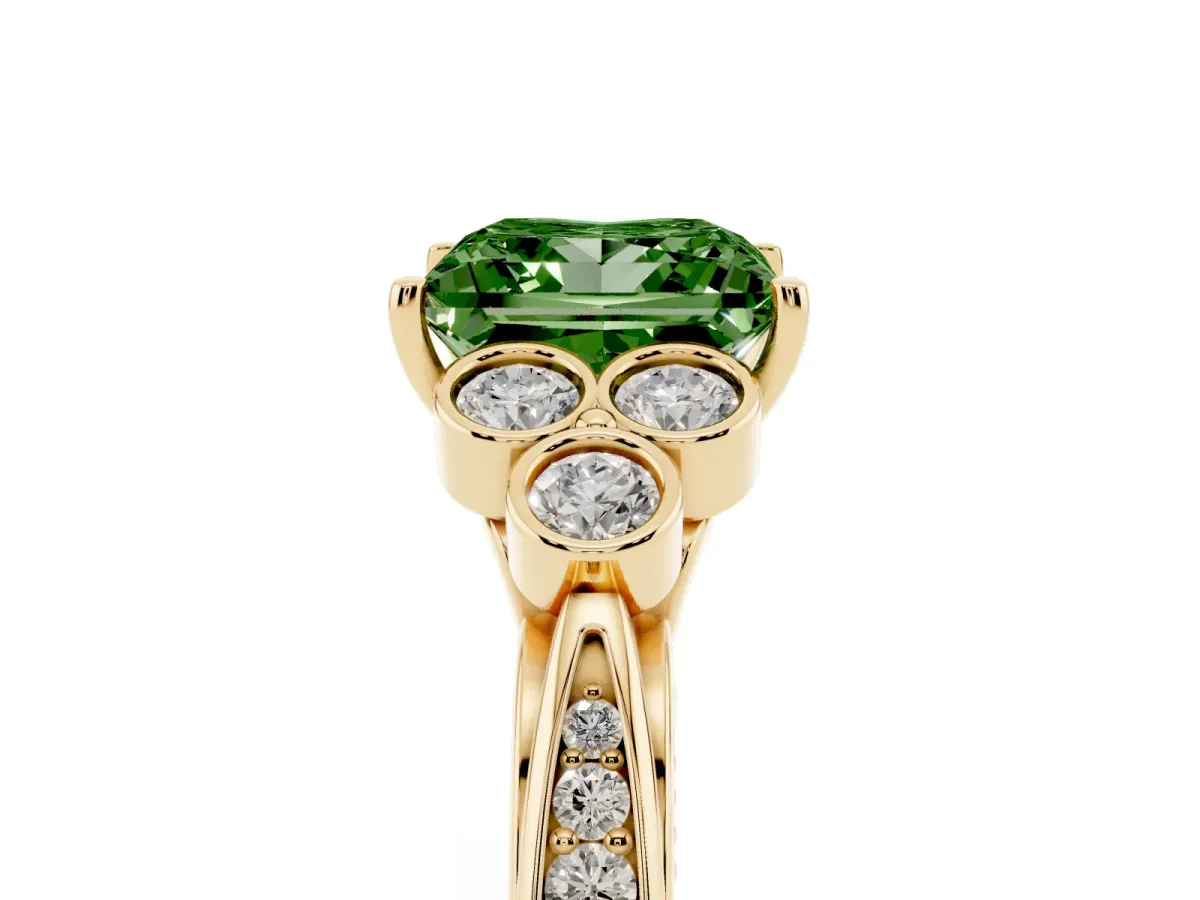 Fancy Green Princess Cut Cut Diamond Engagement Ring with Bezel Set Round Side Stones and Prong Setting Yellow gold