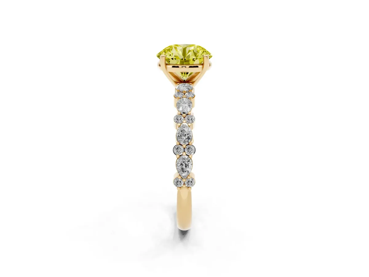 Fancy Yellow Round Cut Diamond Side Stone Solitaire Ring with Round and Four-Prong Setting Yellow gold