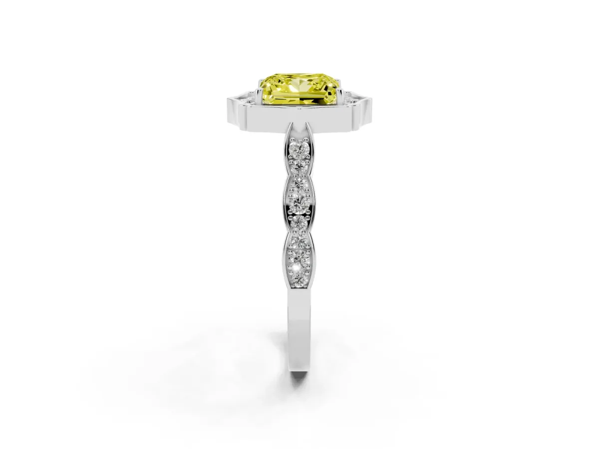 Fancy Yellow Princess Cut Halo Diamond Engagement Ring with Milgrain Band and Four-Prong Setting Silver