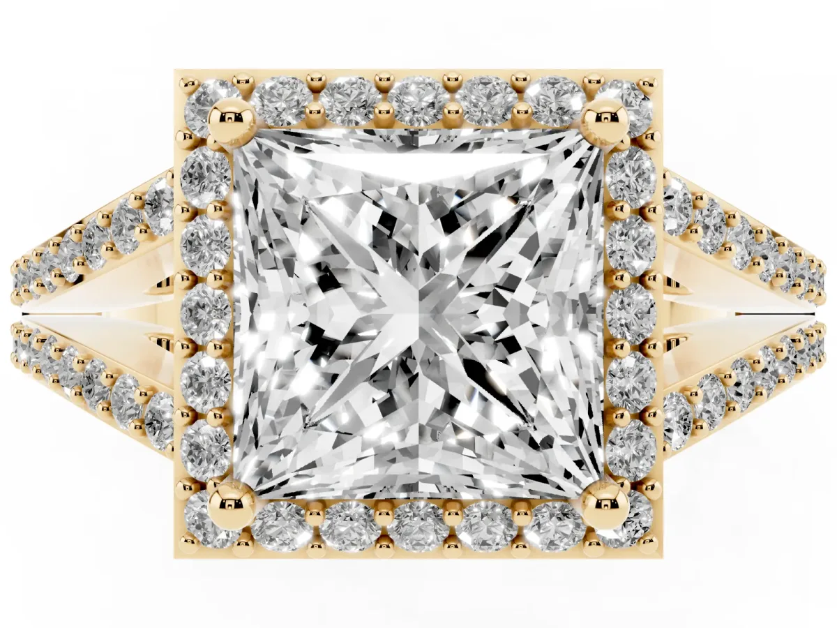 Princess Cut Halo Split Shank Pave Diamond Ring with Four-Prong Setting Yellow gold