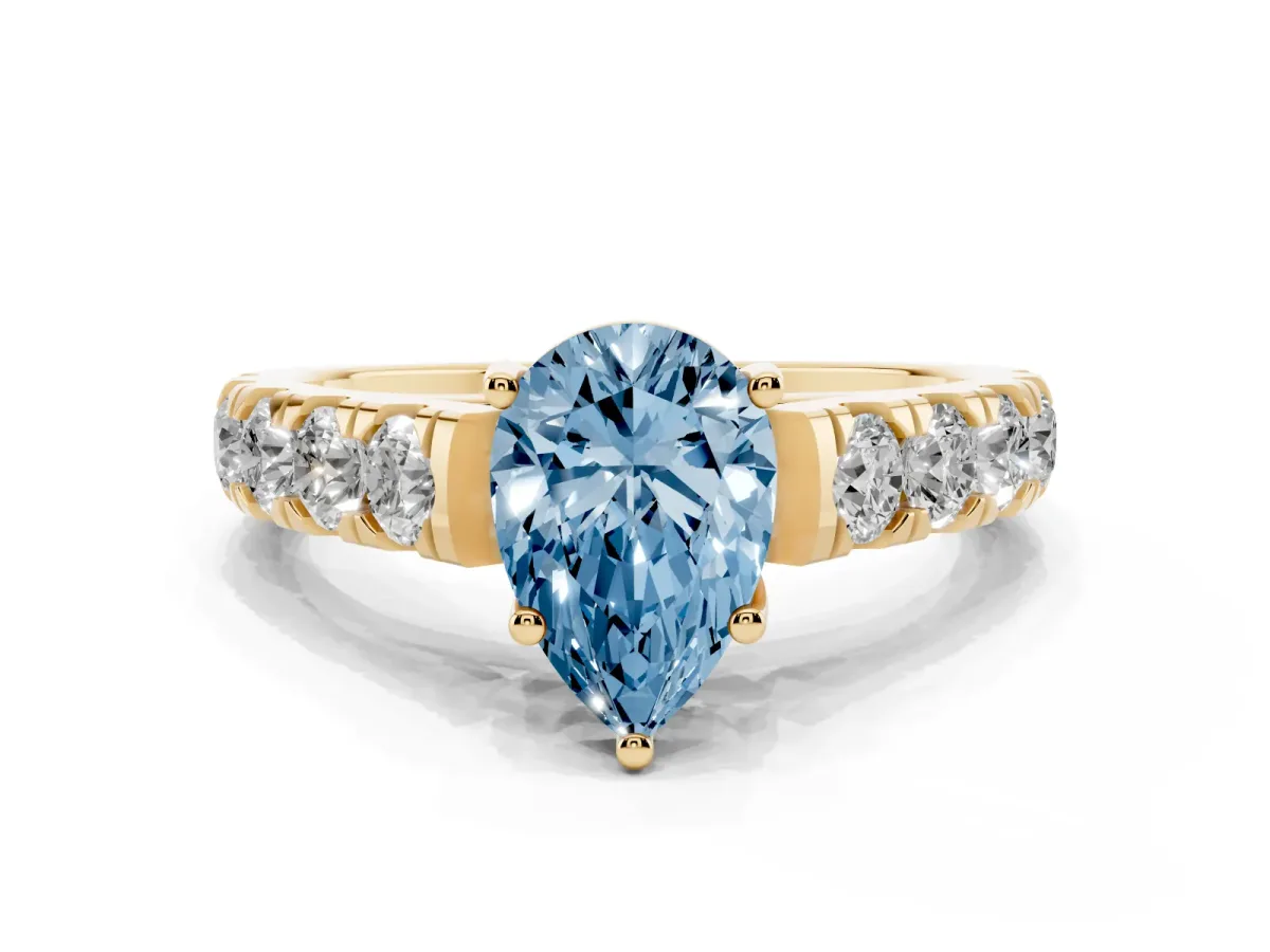 Fancy Blue Pear Cut Cut Diamond Solitaire Ring with Micro Pave Band and Prong Setting Yellow gold