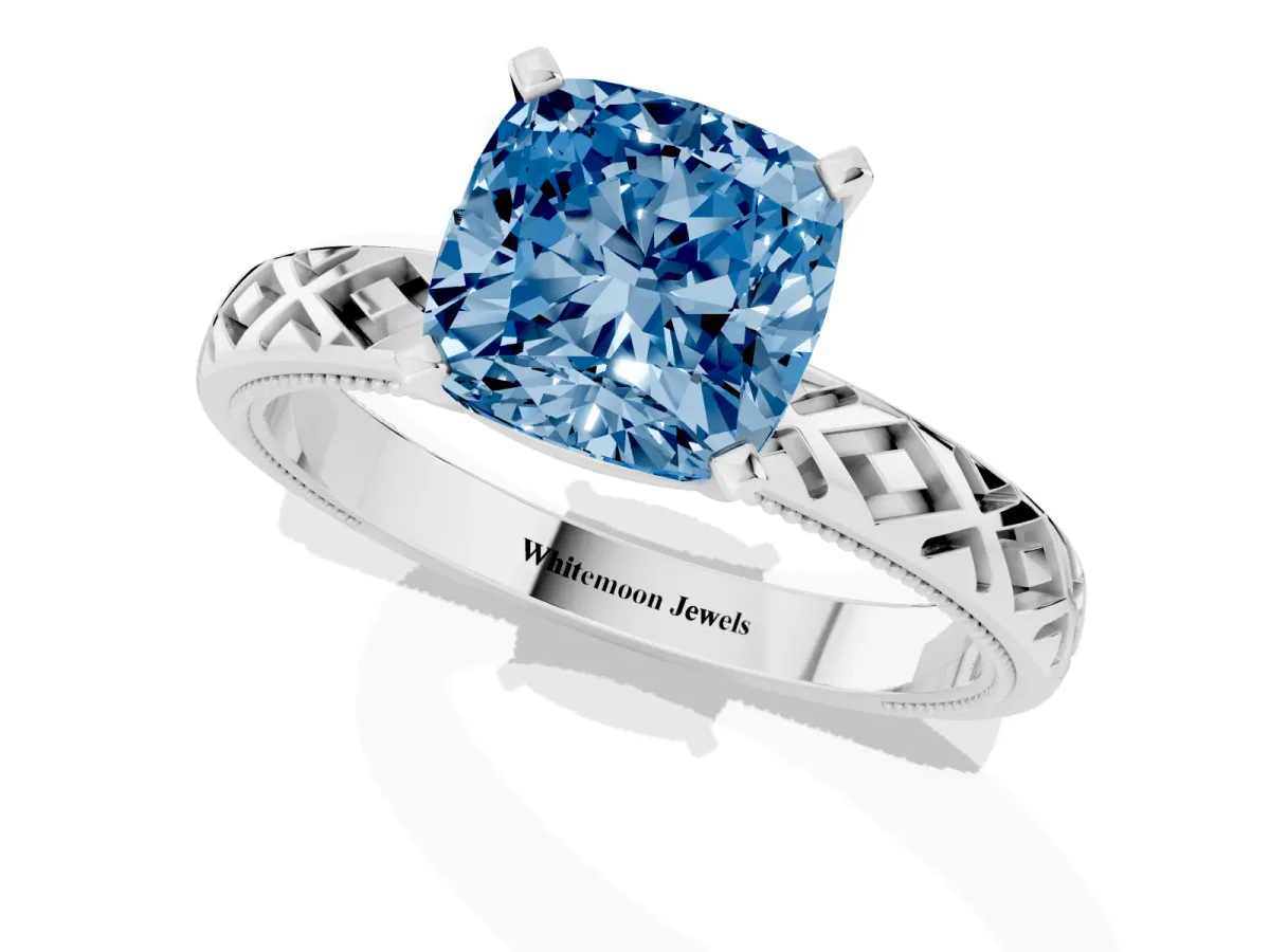 Fancy Blue Cushion Cut Solitaire Diamond Ring with Milgrain and Black Enamel X Pattern Band Silver
