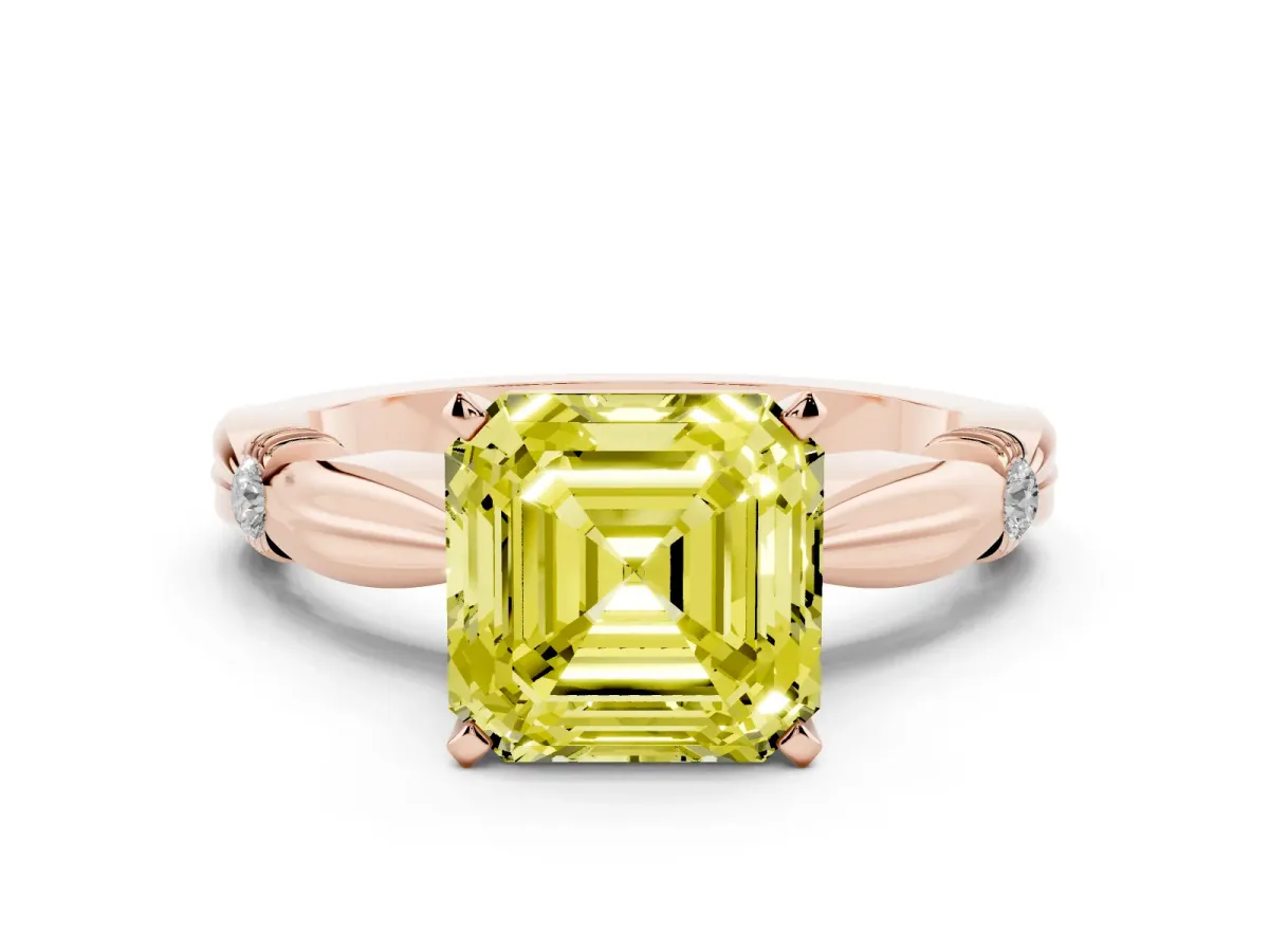 Fancy Yellow Asscher Cut Solitaire Diamond Twisted Band with Four-Prong Setting Rose gold