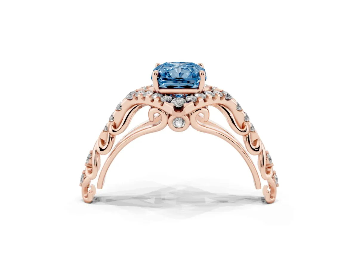 Fancy Blue Radiant Cut Diamond Solitaire Ring with Hidden Halo and Pavé Band Rose gold