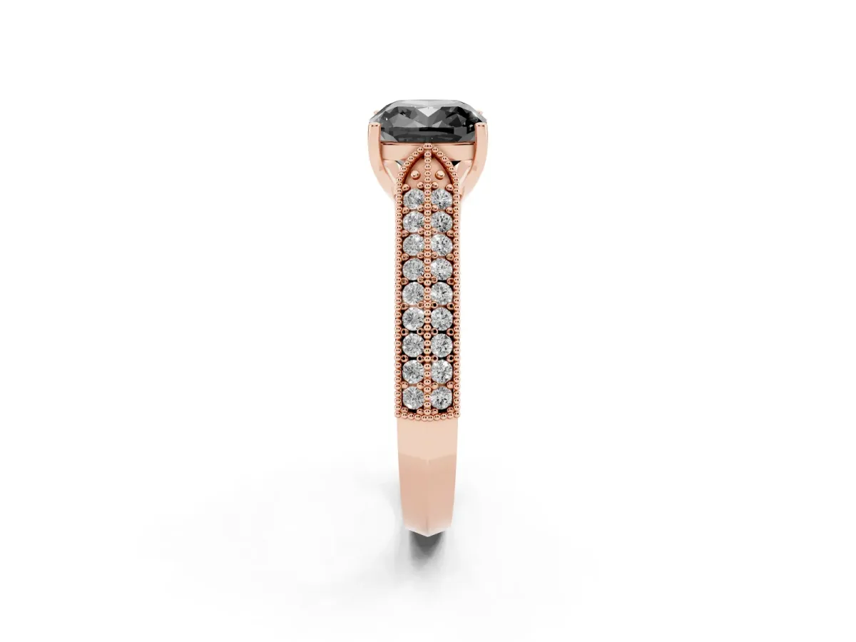 Fancy Black Cushion Cut Cut Pave Split Shank Engagement Ring with Four-Prong Setting Rose gold