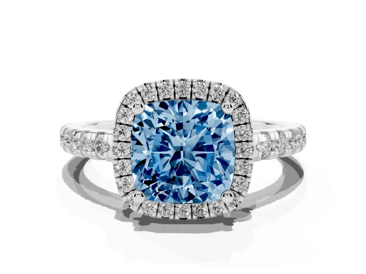 Fancy Blue Cushion Cut Diamond Halo Ring with Pavé Band and Four-Prong Setting White gold