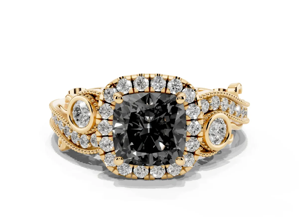 Fancy Black Cushion Cut Halo Diamond Ring with Milgrain and Bezel Accents on a Split Shank Band Yellow gold