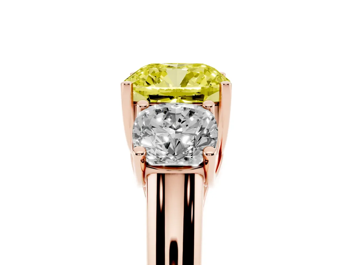 Fancy Yellow Three-Stone Cushion Cut Diamond Engagement Ring with Prong Setting Rose gold