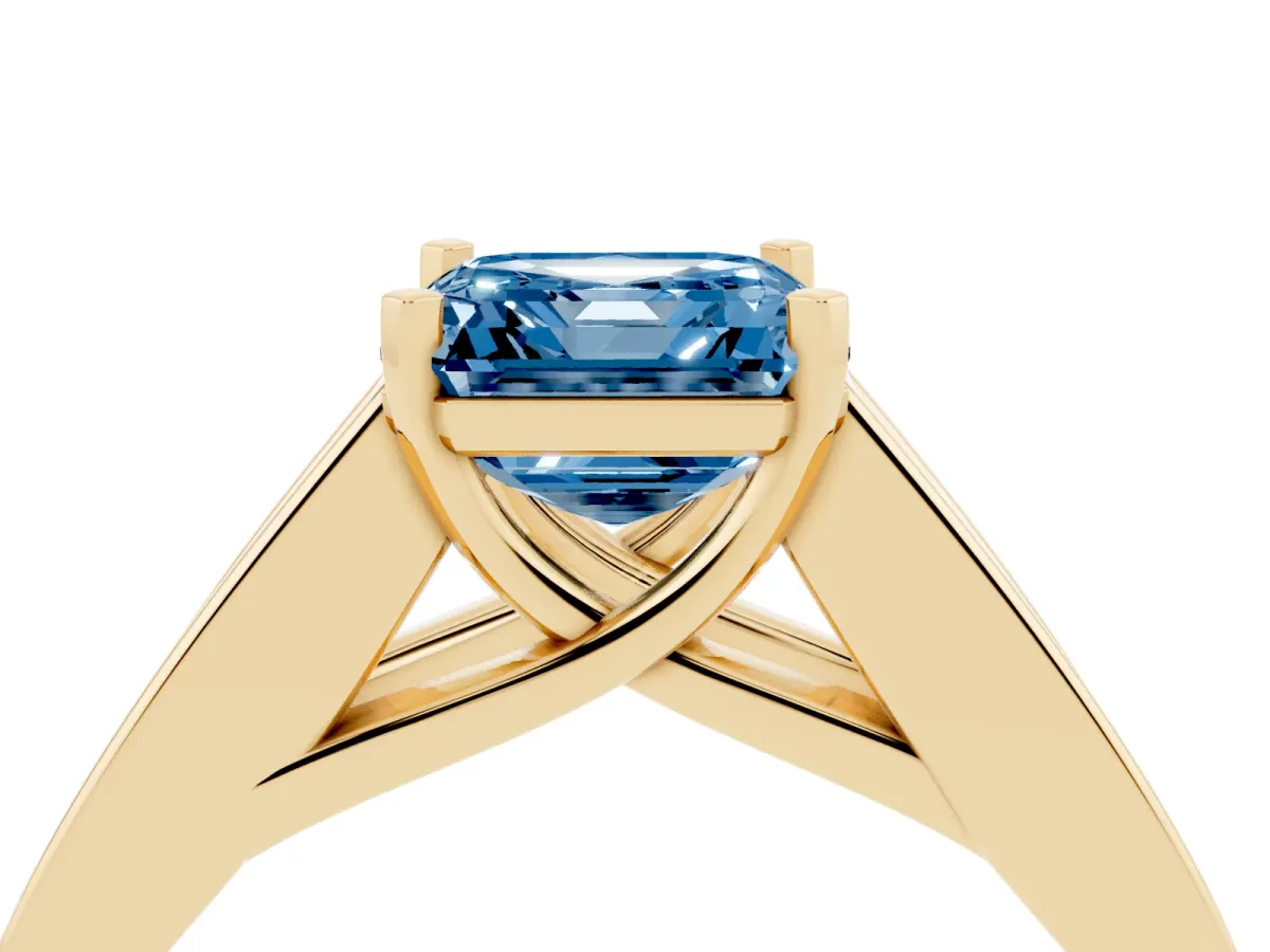 Fancy Blue Asscher Cut Cut Channel Set Solitaire Ring with Four-Prong Setting Yellow gold