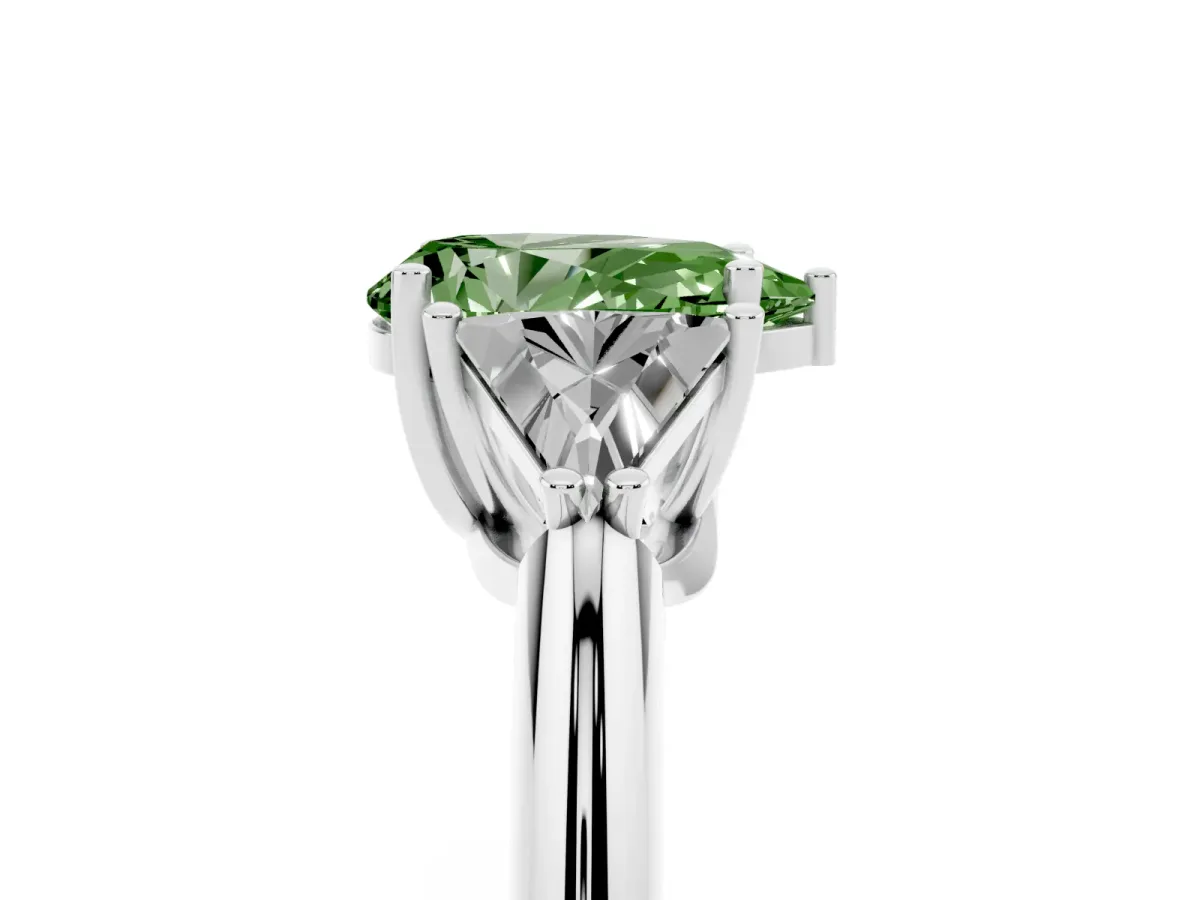 Fancy Green Three-Stone Pear Cut Diamond Engagement Ring with Trillion Side Stones and Prong Setting Silver