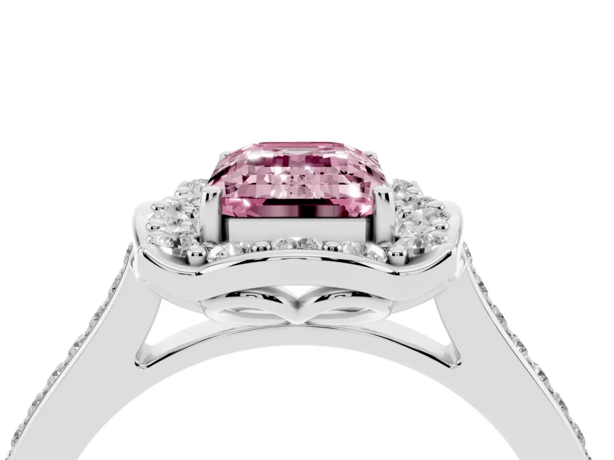 Fancy Pink Emerald Cut Halo Round Diamond Pave Band with Four-Prong Setting Platinum