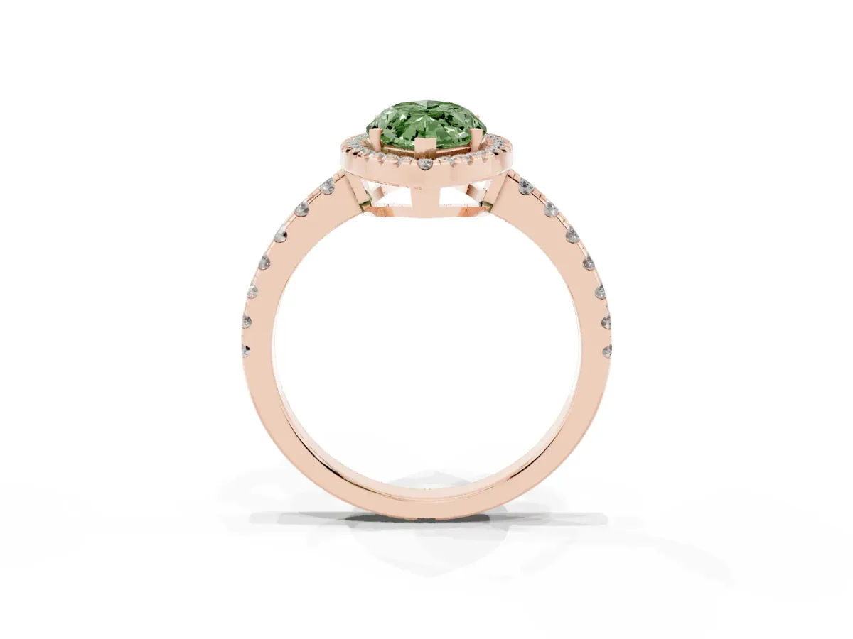 Fancy Green Marquise Cut Diamond Halo Ring with Pavé Band and Four-Prong Setting Rose gold