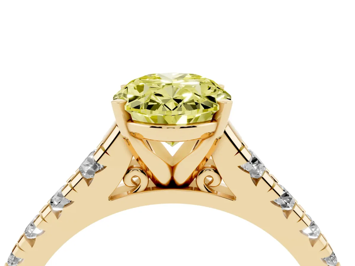 Fancy Yellow Oval Cut Diamond Cathedral Solitaire Ring with Round Pavé Band Yellow gold