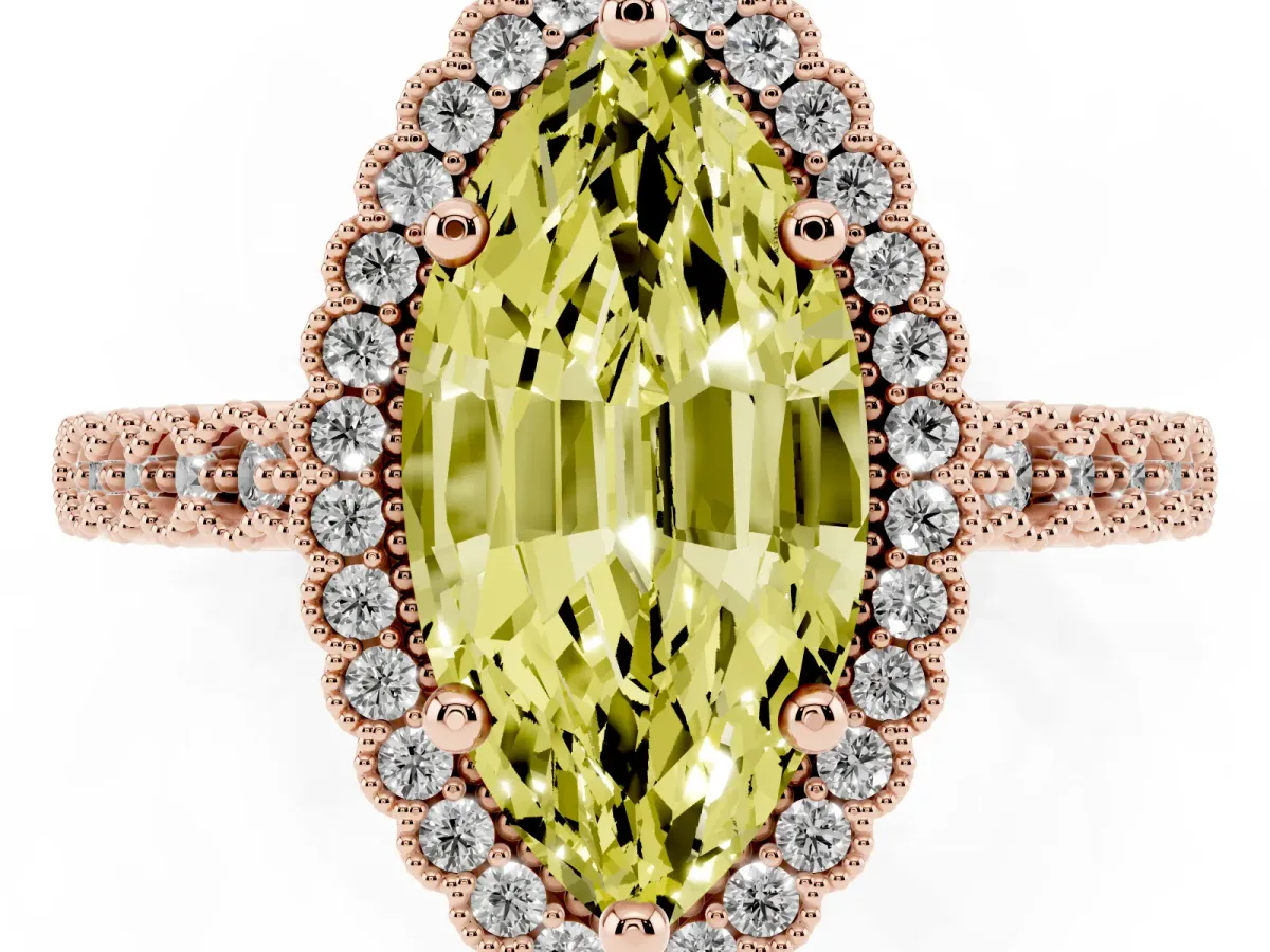 Fancy Yellow Marquise Cut Cut Halo Pavé Solitaire Ring with Milgrain Band Rose gold