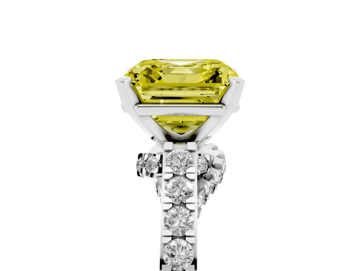 Fancy Yellow Asscher Cut Diamond Solitaire Ring with Crossover Gallery and Round Pavé Band Platinum