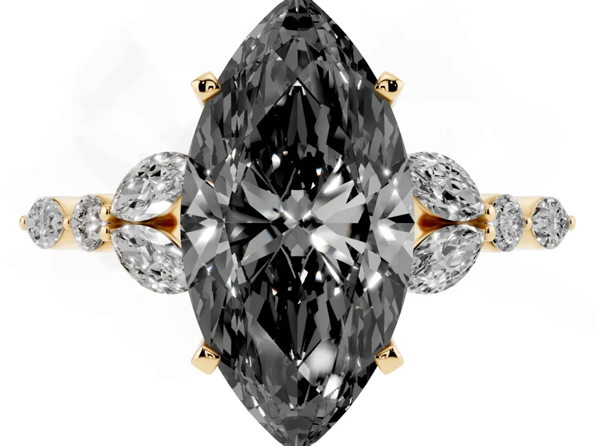 Fancy Black Marquise Cut Diamond Solitaire Ring with Side Stones and Four-Prong Setting Yellow gold