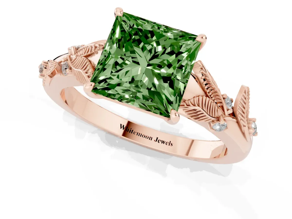 Fancy Green Princess Cut Diamond Solitaire Ring with Leaf Motif Band and Four-Prong Setting Rose gold