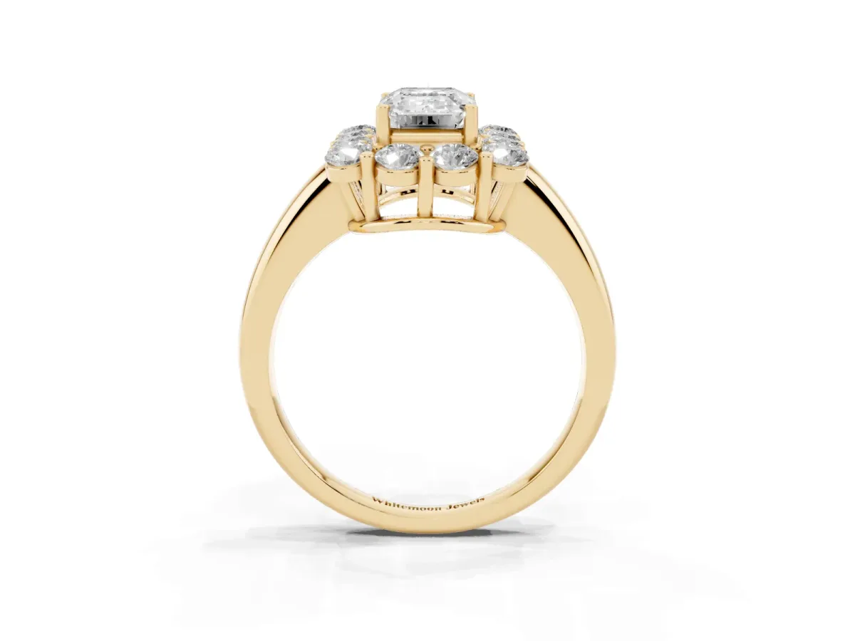 Emerald Cut Halo Cluster Diamond Engagement Ring with Prong Setting and Polished Band Yellow gold