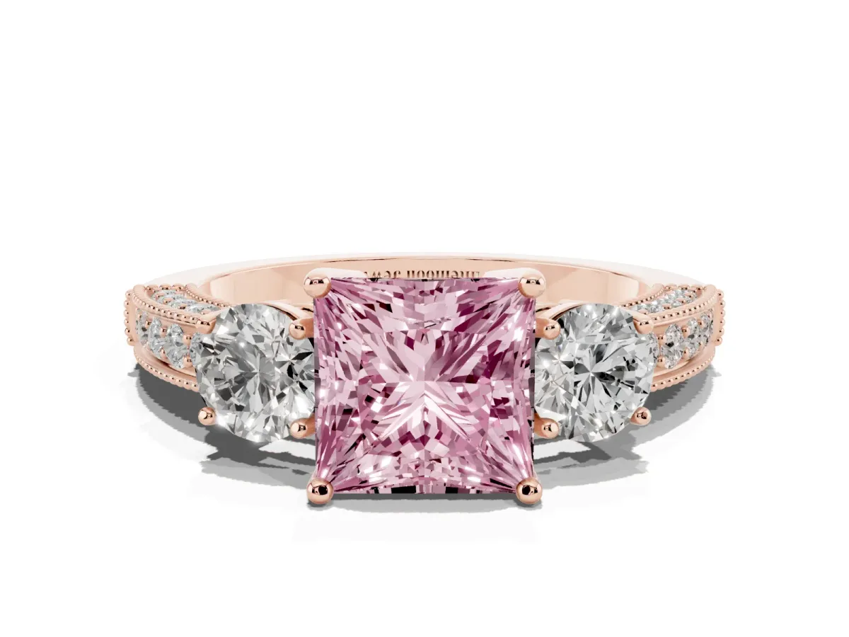 Fancy Pink Princess Cut Three-Stone Diamond Ring with Pavé Band and Four-Prong Setting Rose gold