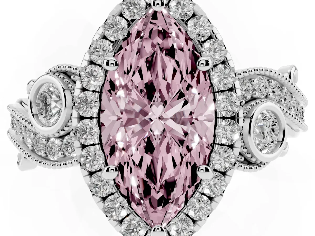 Fancy Pink Marquise Cut Halo Diamond Ring with Milgrain and Bezel Accents on a Split Shank Band White gold