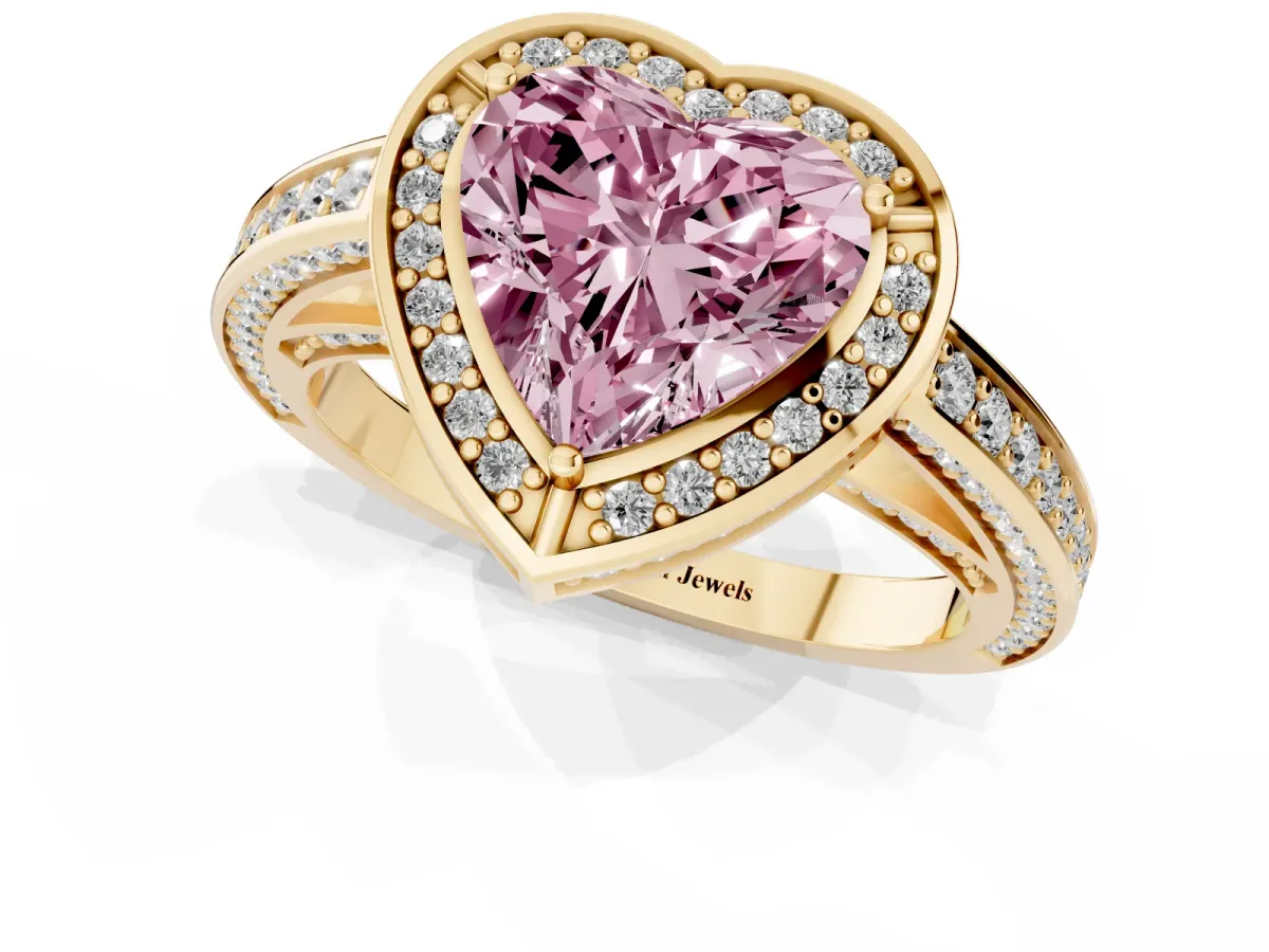 Fancy Pink Heart Cut Cut Halo Pave Split Shank Prong Setting Ring Yellow gold