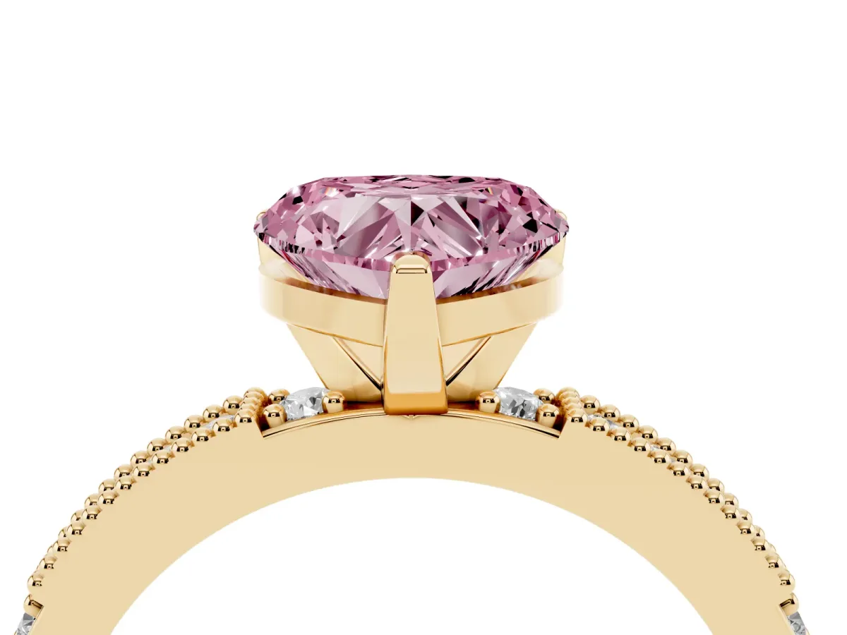 Fancy Pink Heart Cut Solitaire with Pavé Band and Four-Prong Setting Yellow gold