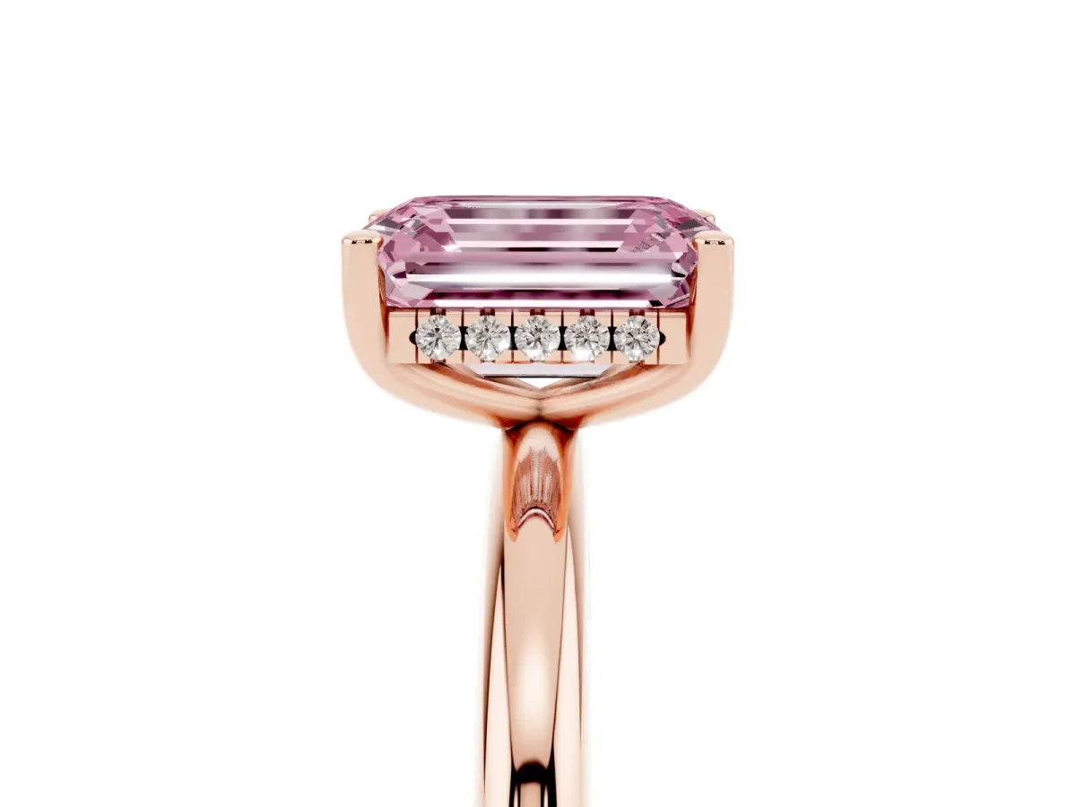 Fancy Pink Emerald Cut Cut Solitaire Engagement Ring with Four-Prong Setting and Classic Band Rose gold