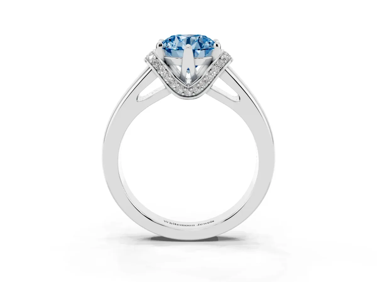 Fancy Blue Round Cut Solitaire Diamond Ring with Pave Band and Six-Prong Setting Silver