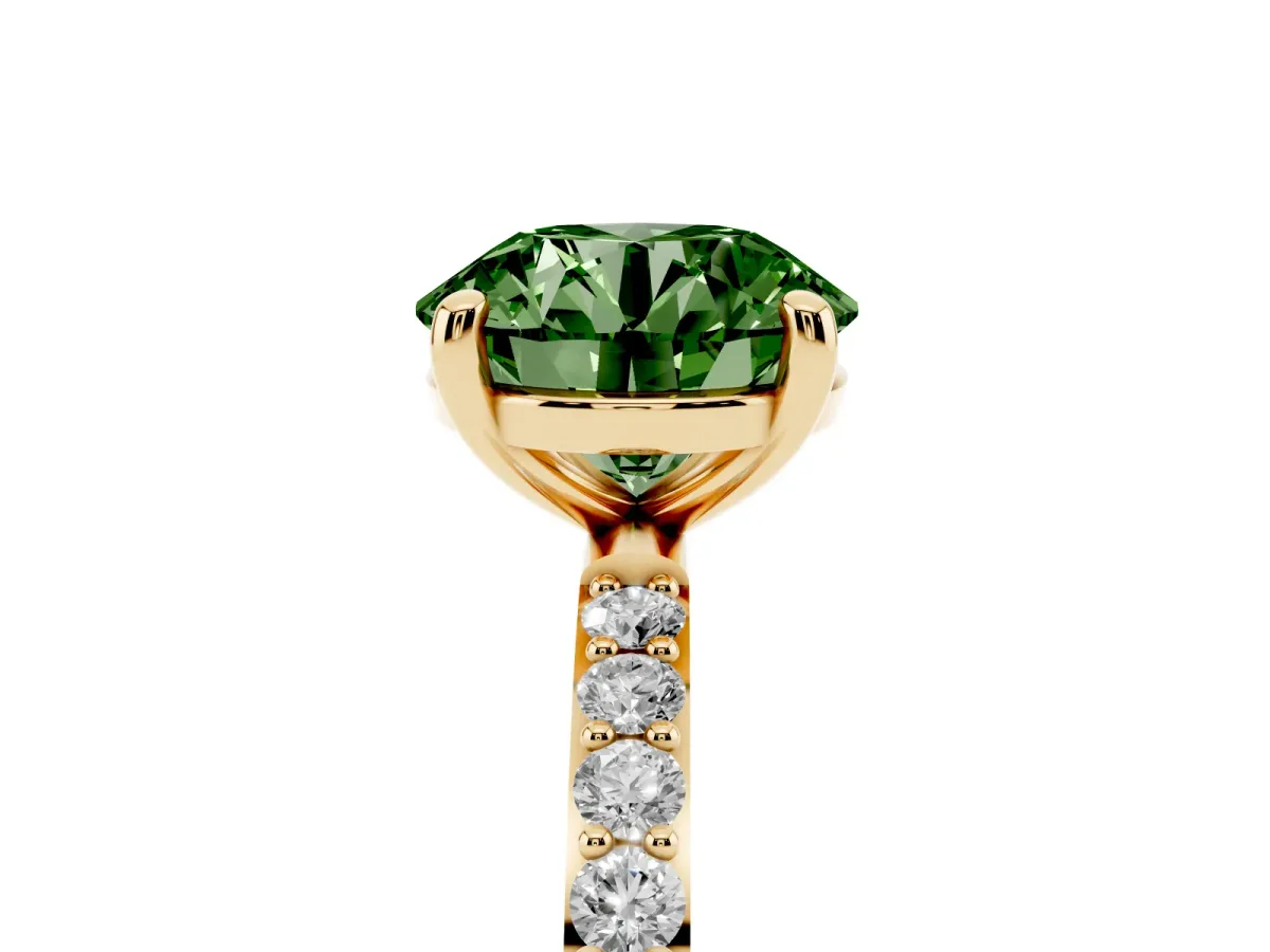 Fancy Green Round Cut Diamond Solitaire Ring with Round Pavé Band and Prong Setting Yellow gold