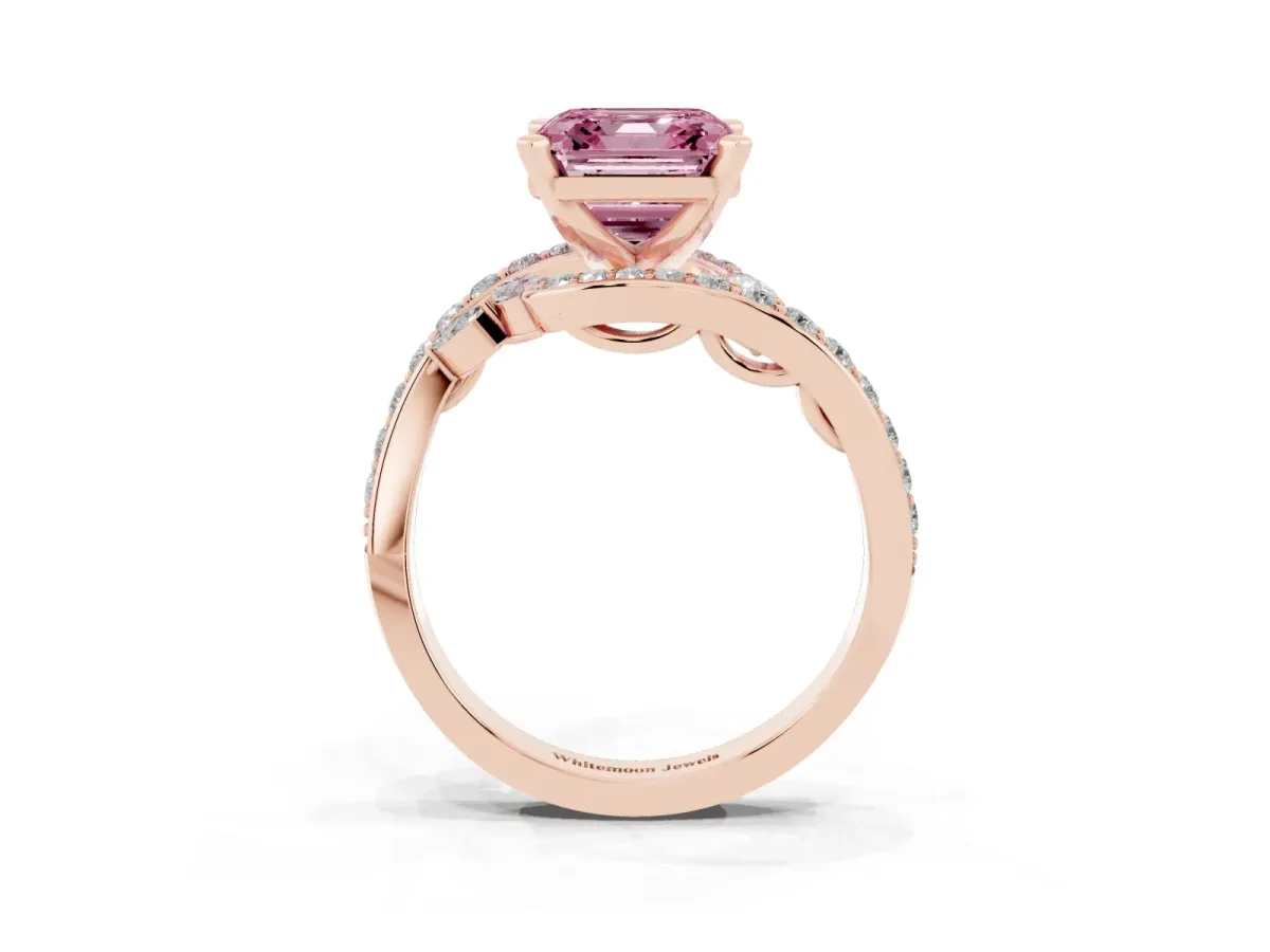 Fancy Pink Asscher Cut Solitaire with Pavé Twist Band and Four-Prong Setting Rose gold