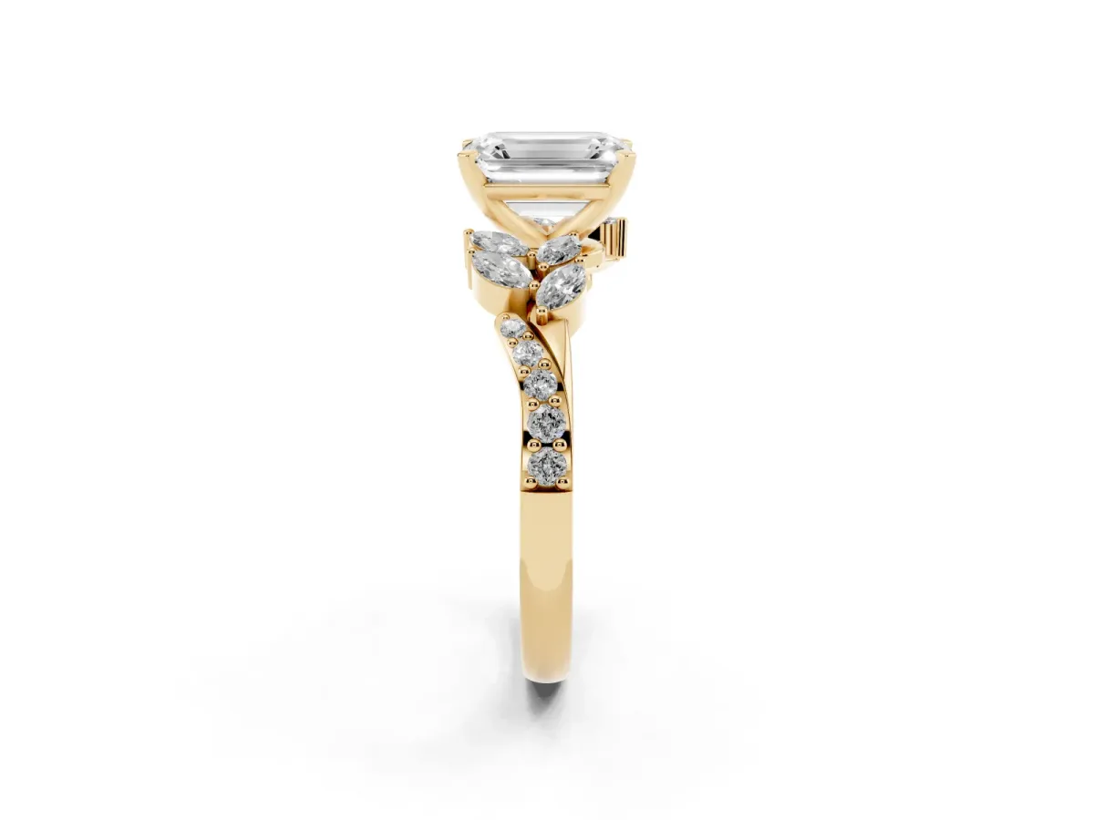 Emerald Cut Solitaire Marquise Twist Band with Six-Prong Setting Yellow gold
