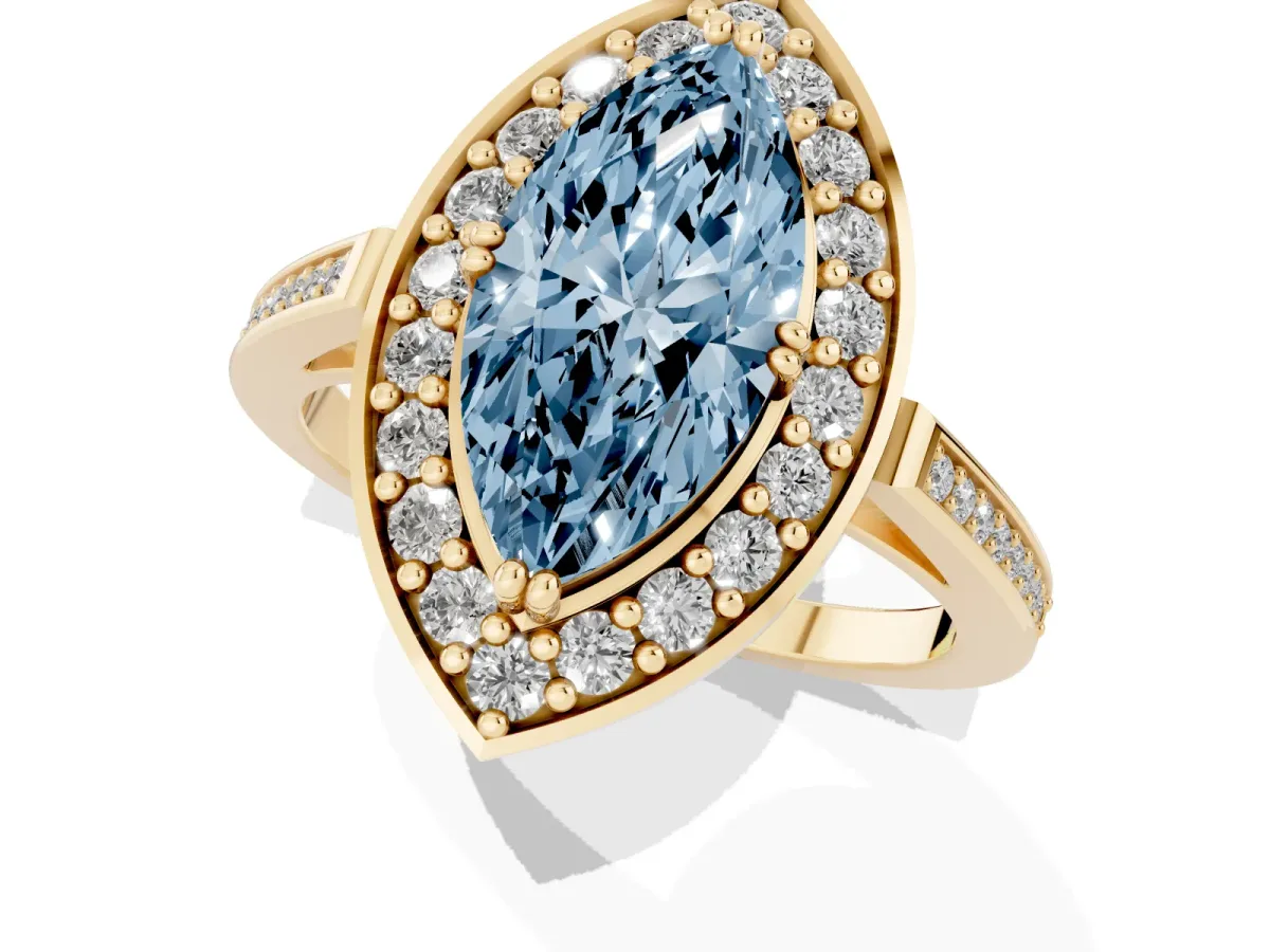 Fancy Blue Marquise Cut Diamond Halo Ring with Split Shank and Four-Prong Setting Yellow gold