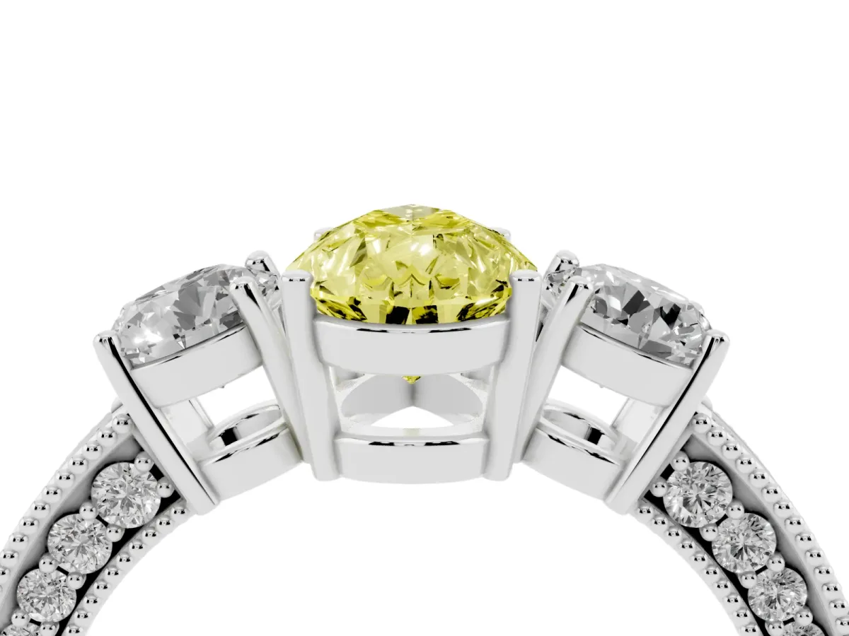 Fancy Yellow Pear Cut Three-Stone Diamond Ring with Pavé Band and Four-Prong Setting Silver