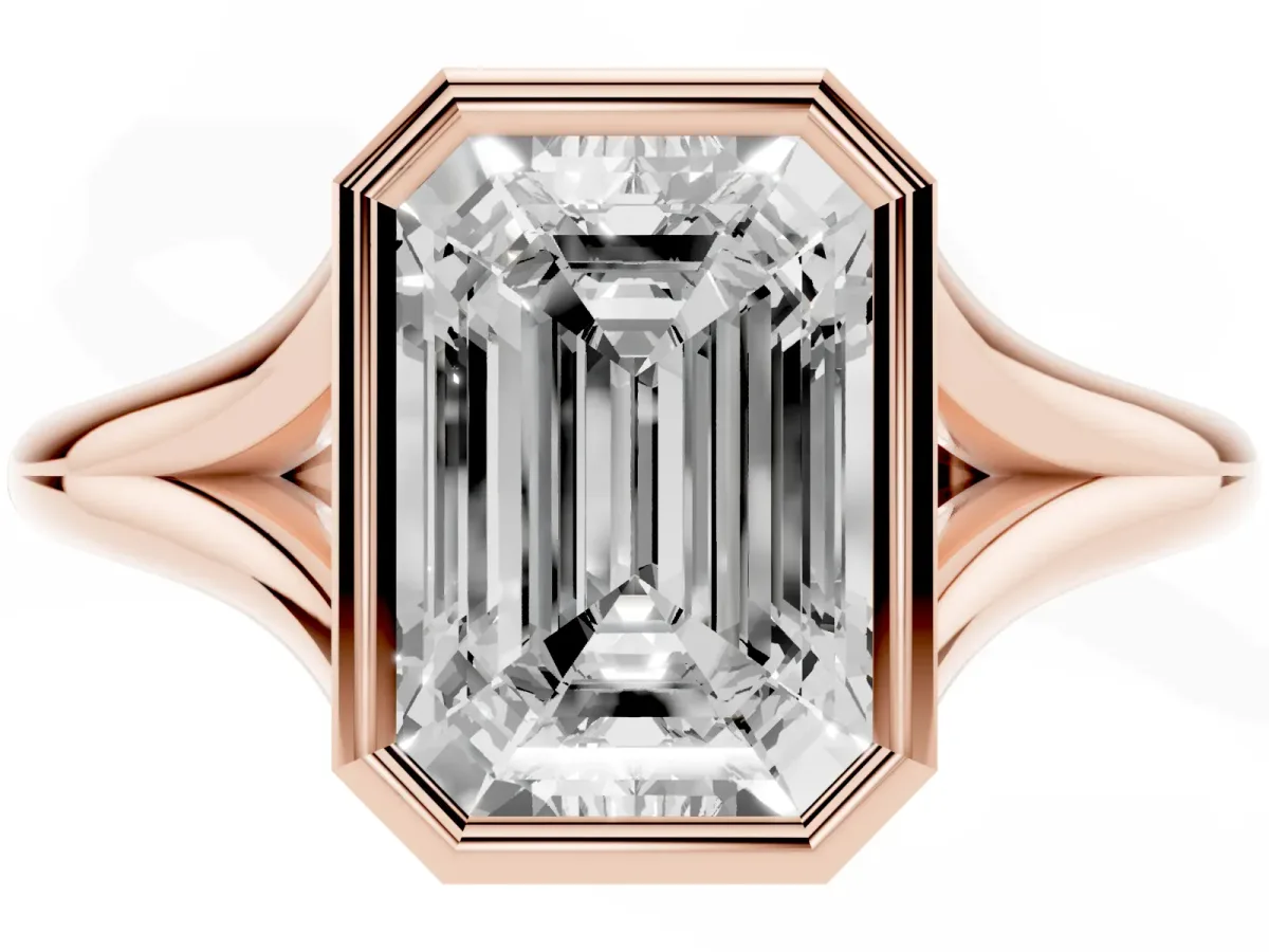 Bezel Set Emerald Cut Cut Solitaire Ring with Tapered Band Rose gold