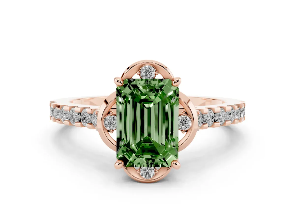 Fancy Green Emerald Cut Diamond Ring with Pavé Band and Floral Prong Setting Rose gold