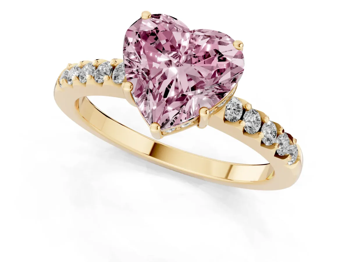 Fancy Pink Heart Cut Solitaire Diamond Engagement Ring with Pavé Band and Six-Prong Setting Yellow gold
