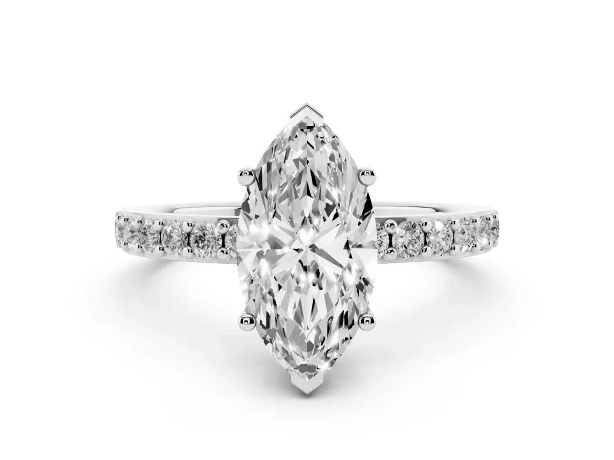 Marquise Cut Cut Diamond Solitaire with Pave Band and Four-Prong Setting Silver