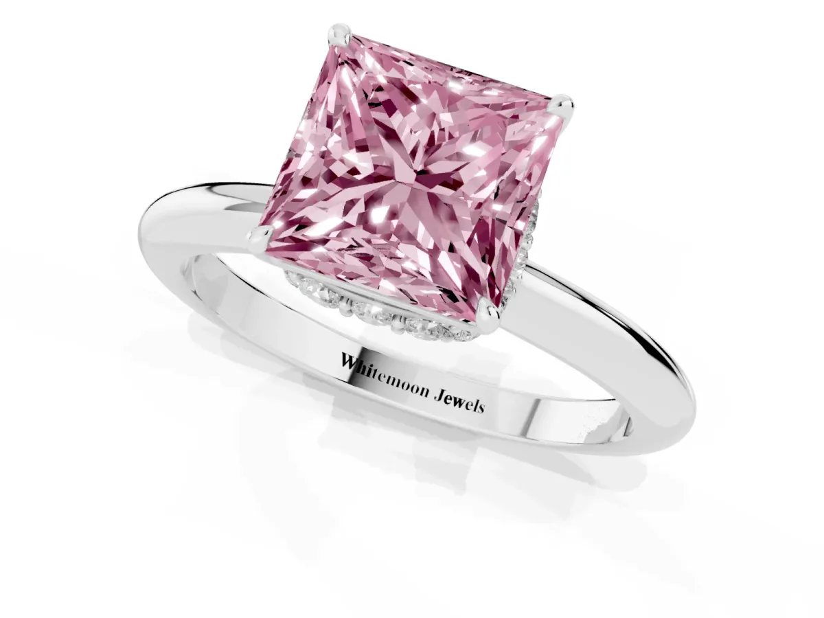 Fancy Pink Princess Cut Brilliant Solitaire Engagement Ring with Six-Prong Setting and Classic Band Silver