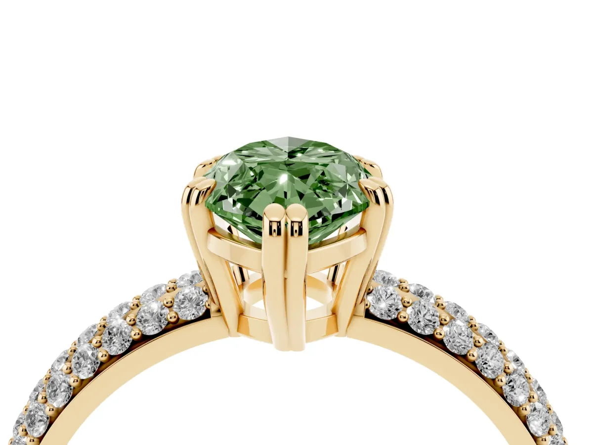 Fancy Green Marquise Cut Diamond Solitaire Ring with Multi-Row Round Pavé Band and Prong Setting Yellow gold