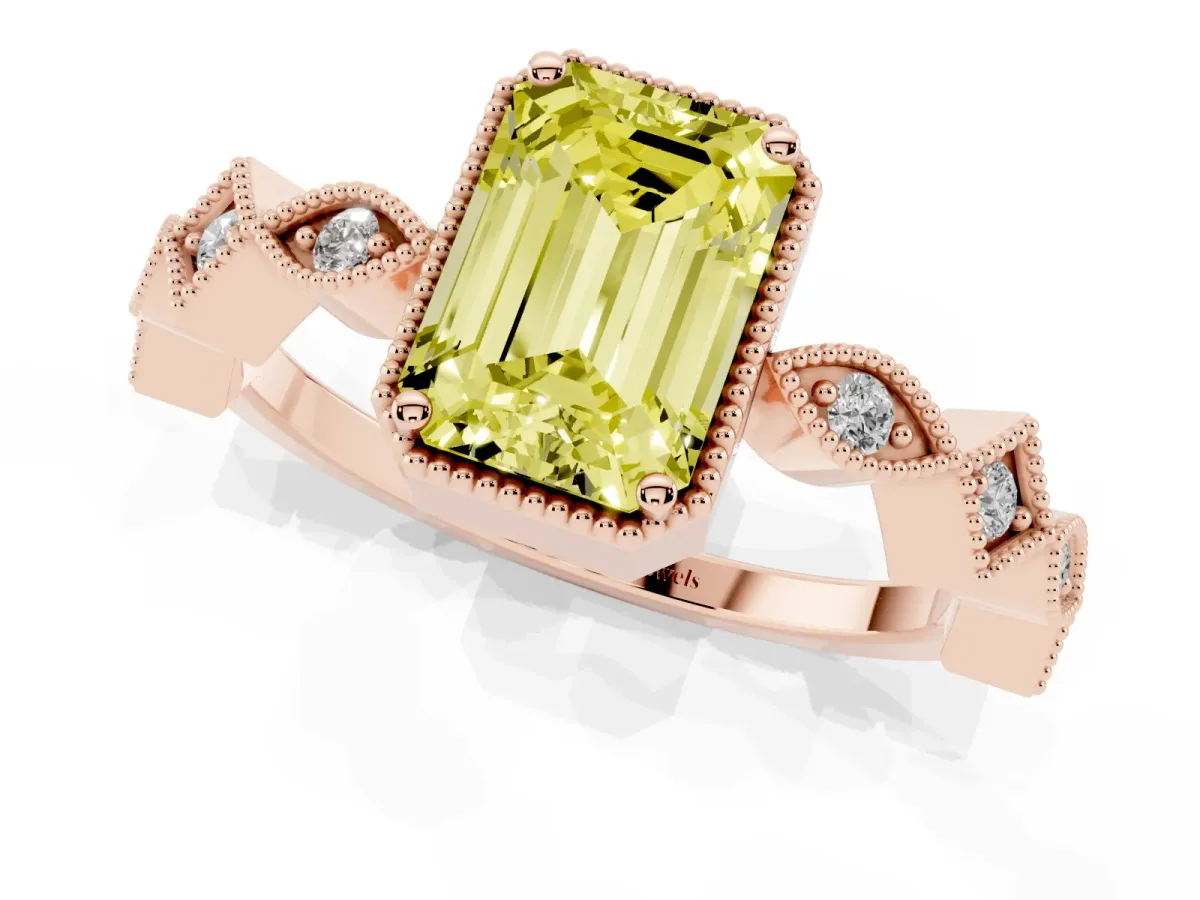 Fancy Yellow Emerald Cut Milgrain Marquise Diamond Twist Band Ring Rose gold